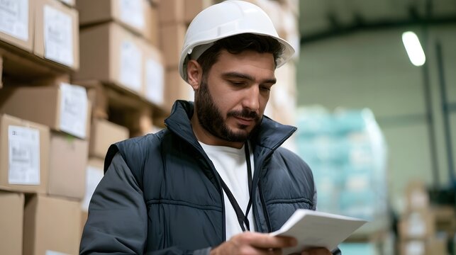 A man in a hard hat examines a document while standing among stacked cardboard boxes in a warehouse setting