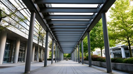 Fototapeta premium Modern metal canopy structure shelters a paved walkway lined with trees and glass fronted buildings under bright daylight