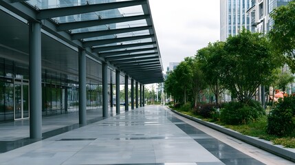 Fototapeta premium Modern glass and steel canopy shelters a wide paved walkway lined with green trees and shrubs under overcast sky