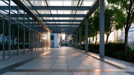 Fototapeta premium Modern glass and steel canopy shelters a paved walkway lined with trees and reflective glass walls under soft golden light