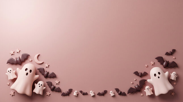Halloween flat lay background with cute ghosts and bats on a soft pink surface