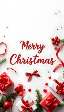 Merry Christmas text on white background with gift boxes, ribbons, red decoration, fir branches, bokeh, sparkles and confetti. Xmas and New Year greeting card, bokeh, light. Flat lay, top view, vect