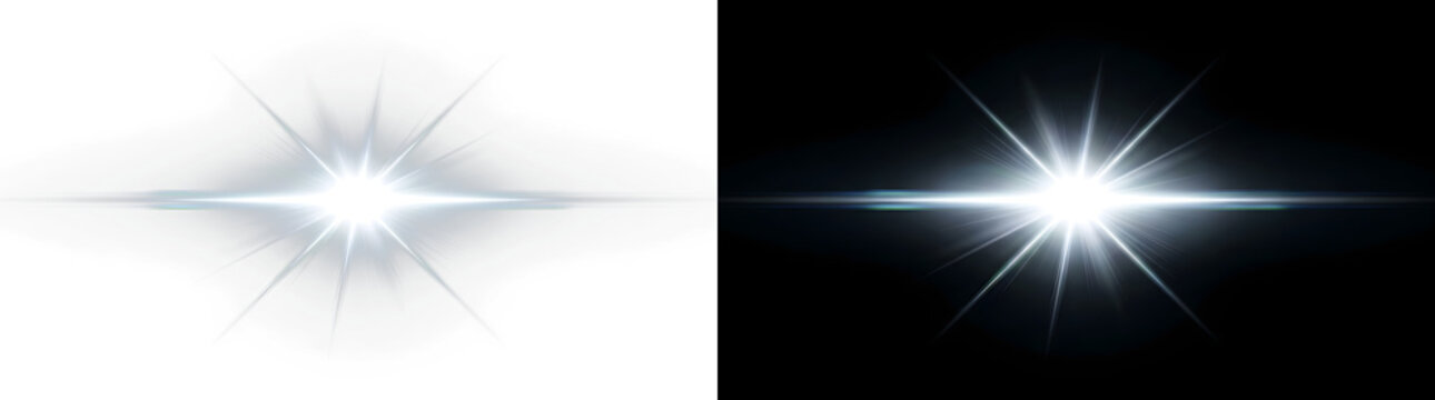 Bright glowing star burst with horizontal light rays on black background
