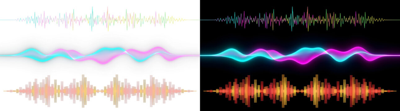 Colorful audio sound waves and music equalizers on a dark background
