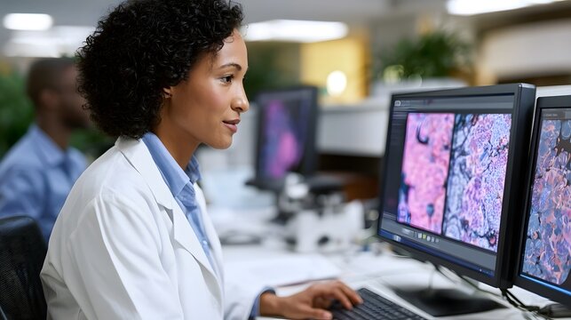 A focused professional in a lab coat examines detailed medical images on dual computer monitors in a modern office setting
