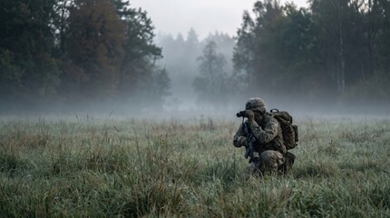 Naklejka premium armed soldier in camouflage uniform kneeling in foggy field looking through binoculars. military reconnaissance and tactical surveillance concept. copyspace, banner, website header.