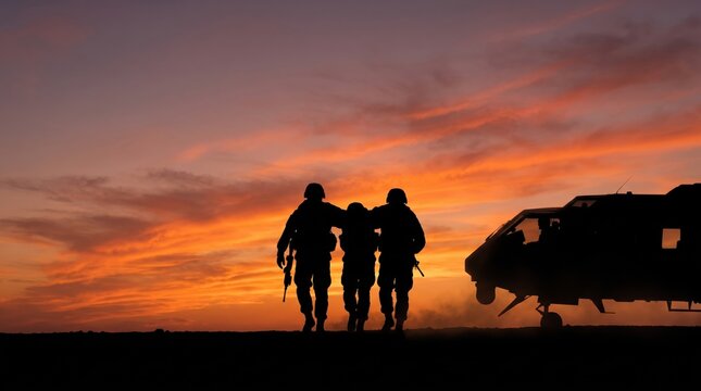 silhouettes of three soldiers walking from military helicopter at sunset. two men supporting wounded comrade. medevac rescue and brotherhood concept. copyspace, banner, website header.