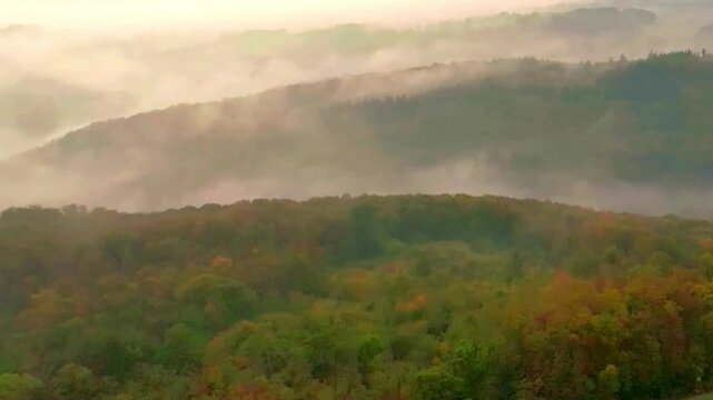 Aerial view of misty autumn forest mountains at sunrise with rolling fog in the valley.