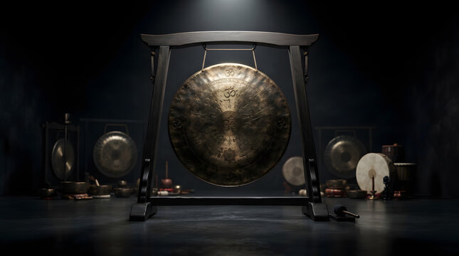 Large ornate gong displayed in a dark studio setting.