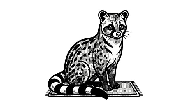 Civet cat sitting on a rug woodcut illustration.
