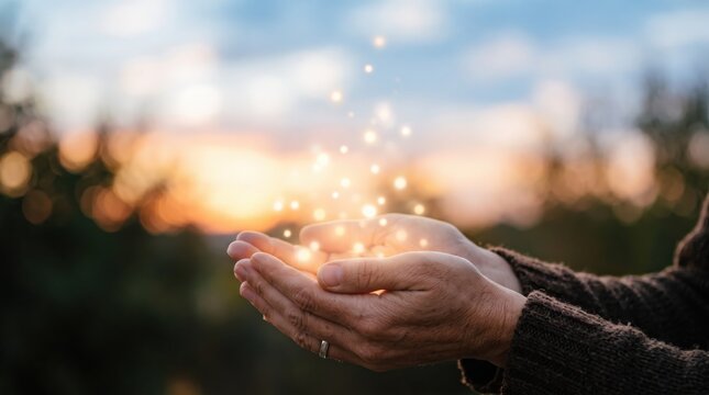 Close up of human hands gently holding glowing magical light particles and sparkles against nature at sunset, symbolizing hope, energy, spirituality, miracle, and precious moments