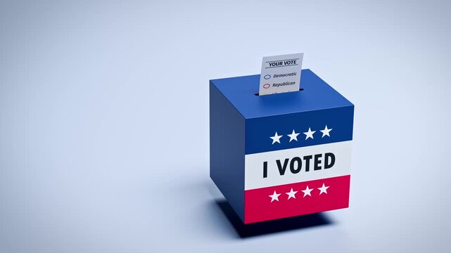 Elections in the United States concept. A ballot box with blue and red stripes, stars and the text I voted. A paper ballot falling into the slot. Loopable video.