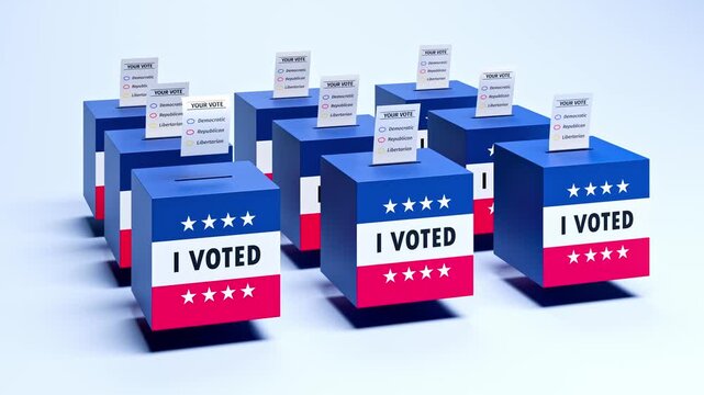 Elections in the United States concept. Several ballot boxes with blue and red stripes, stars and the text I voted. A paper ballot falling into the slots.