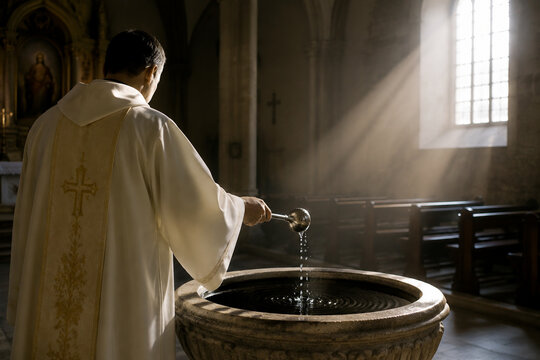 Priest in white robe blessing holy water at stone font, sanctifying ritual in empty church interior