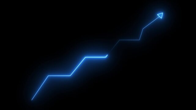 Glowing blue neon line graph rising upward, financial growth and business success concept animation chart