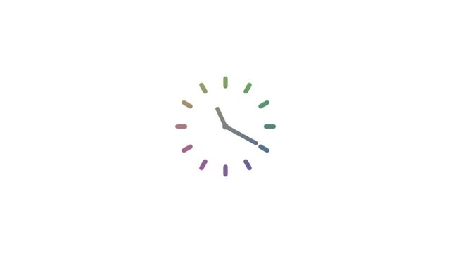 Minimalist colorful clock animation with rotating hands on white background, modern time concept