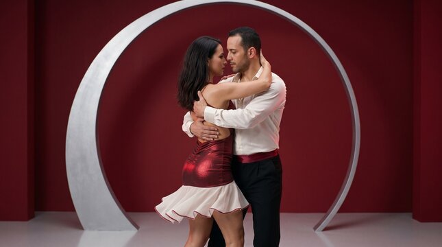 Two Kizomba dancers compact rotation ruby metallic stretch dress pearl chiffon micro-skirt crystal ruby edge and pearl satin shirt, incomplete silver semicircle studio cinematic