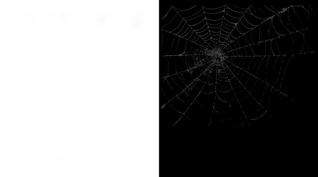 Spooky spider web illustration on black background, intricate cobweb design for Halloween, realistic white silk spiderweb texture