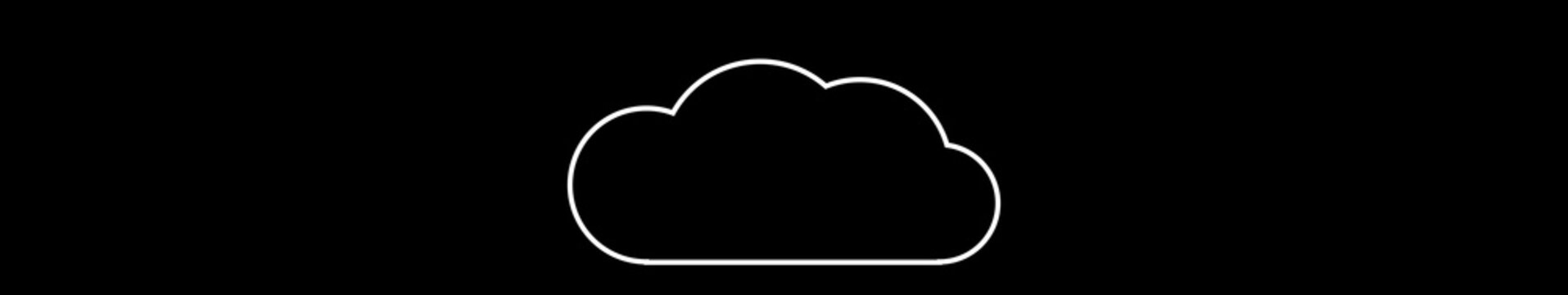 Ultrawide White Cloud Icon Animation on Black Background. Minimal Cloud Computing Interface Symbol, Seamless Loop 4K Widescreen Motion Graphic with Alpha