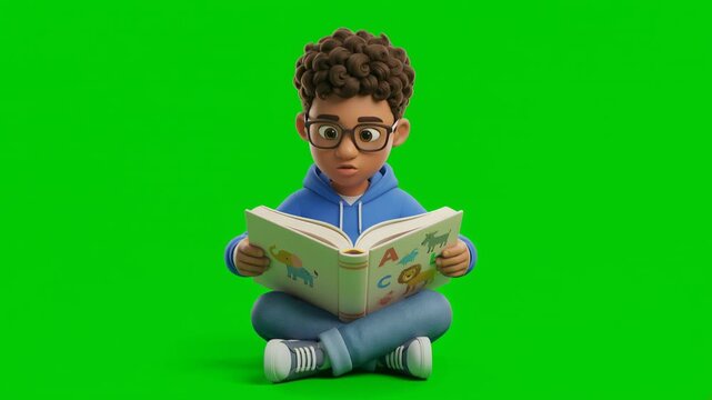 Young Child Reading an Educational Book on Green Screen