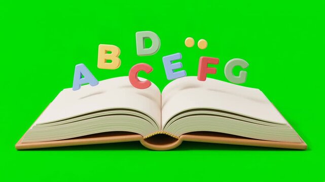 Open Educational Book with Colorful Alphabet Letters on Green Screen