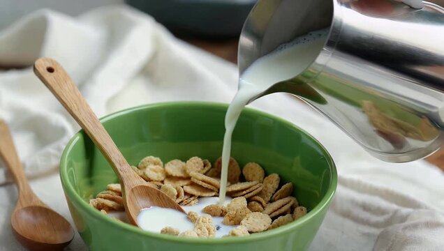 In inviting cinematic 4K shot a green bowl of granola is being poured with milk from a metallic pitcher while a wooden spoon rests nearby emphasizing healthy breakfast preparation and the