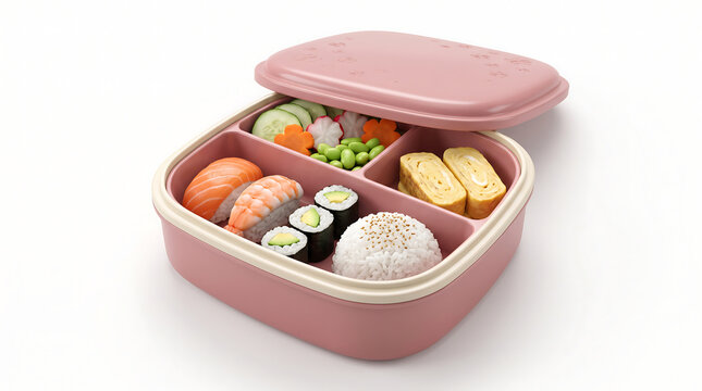 Pink bento box filled with assorted sushi rolls nigiri tamago and fresh vegetables in separate trays.