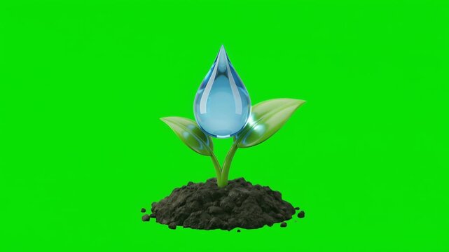Blue Water Drop and Lotus Plant Growing from Soil on Green Screen