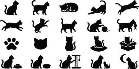 Obraz premium Set of black cat silhouettes in various poses and activities isolated on a white background Vector