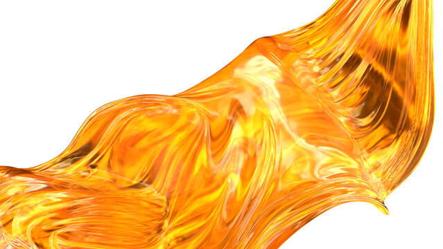 Bright orange and yellow liquid oil flows in a smooth and curved shape. The liquid takes on various forms as it moves, creating a dynamic and fluid look against a white backdrop. 3d render