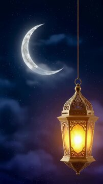 Hanging glowing lantern against night sky with crescent moon. Ramadan Kareem background for celebration. Traditional Islamic culture symbol for religious holiday. Vertical video