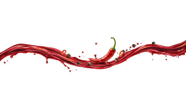 A horizontal wave of red chili sauce flowing with a single red chili pepper and scattered peppercorns against a solid black background