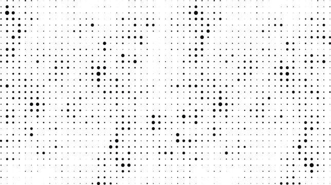 Abstract black halftone dots pattern texture background with random circles, vintage retro pop art comic book screen print overlay
