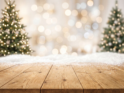 empty rustic wooden table with snow and blurred christmas tree with golden bokeh lights background for holiday product display and festive mockup sets
