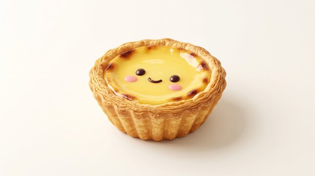 Cute kawaii egg tart illustration features a smiling face with pink blush on a background.