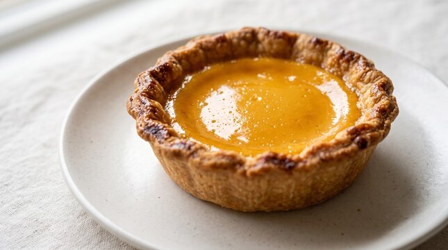 Egg tart rests on a transparent background ceramic plate with a textured tablecloth underneath.