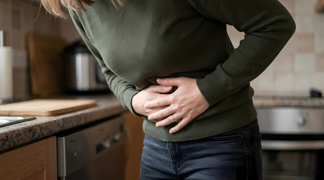 Woman suffering from severe abdominal pain while standing in the kitchen area experiencing stomach cramps because of food poisoning or digestive issues needing urgent medical help for her