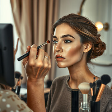 A young adult woman applies makeup with a brush while seated at a vanity area with cosmetic tools around.