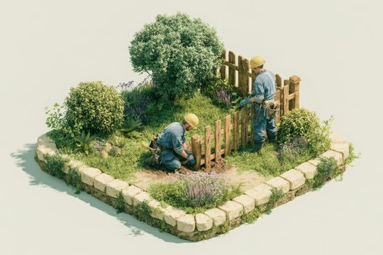 Garden workers build a wooden fence and plant flowers in a small garden on a sunny day