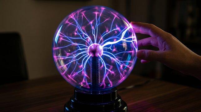 High Voltage Glowing Plasma Globe Sphere Showing Electric Lightning Tendrils and Radiant Energy Rays plasma ball sphere glowing electric energy radiant lightning tendrils glass science tech abstract