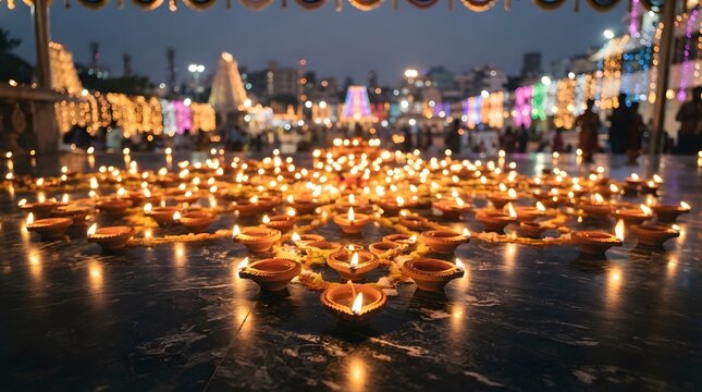 Diwali diya lamps arranged in temple