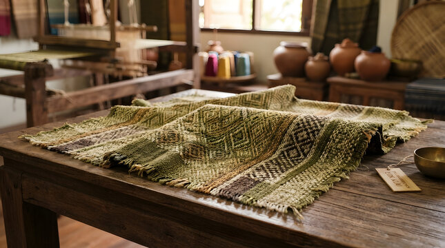 Traditional handwoven bamboo mat on wooden table.