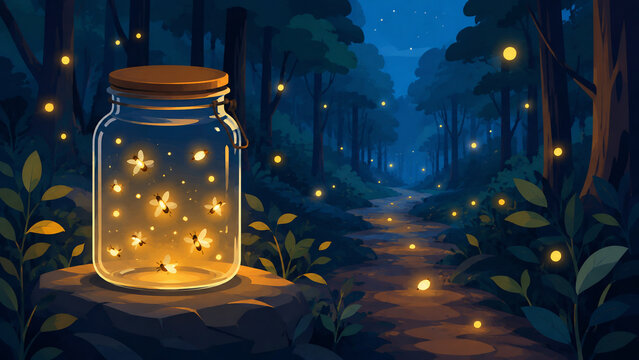 A glowing glass jar filled with luminous fireflies rests on a mossy rock beside a winding moonlit forest path dotted with floating golden lights.