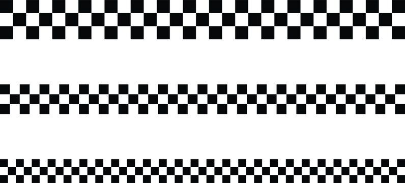 Checkered flag border race track finish line icon set vector. Racing checkered pattern banner for motorsport, speed racing, and rally finish line. Black and white chess board texture line