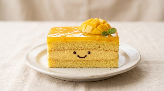 Mango layer cake slice decorated with a scored fruit piece and a cute smile rests on a transparent background plate.