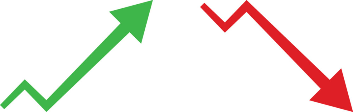 Stock market arrow up down trend line icon set vector. Green growth and red loss trading chart graph symbol for business finance and investment analysis. Upward increase and downward decrease arrow