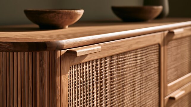 Close-up of a modern wooden sideboard with cane webbing doors and bowls.
