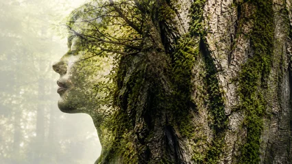 Double exposure portrait blending a serene woman's profile with a moss-covered tree trunk in a misty green forest © Oleksandr