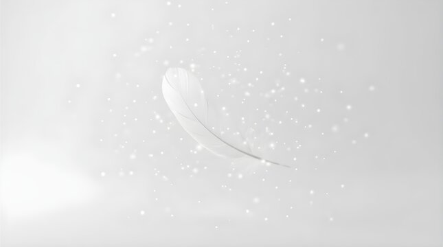 Single delicate white feather floating gently against soft white textured background with faint snow-like particles. Light, ethereal, and serene composition evoking purity, winter, and freedom.
