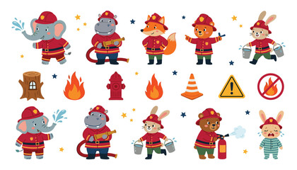Fototapeta premium Cute Animal Firefighter Character Set and Fire Safety Icons with Brave Elephant Hippo Fox and Bear Flat Vector Illustration